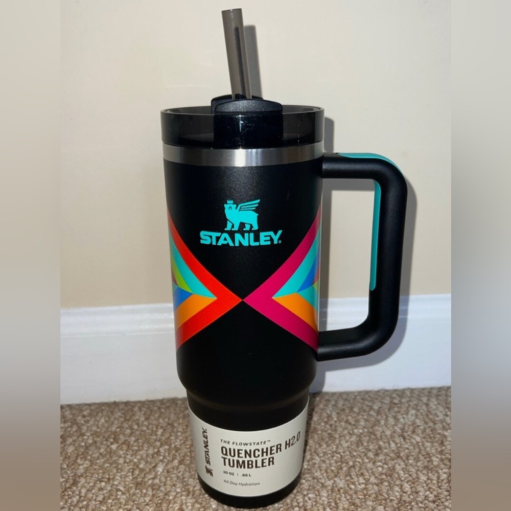 Stanley Black Travel Mug with Teal Logo and Multicolor Chevron Accents